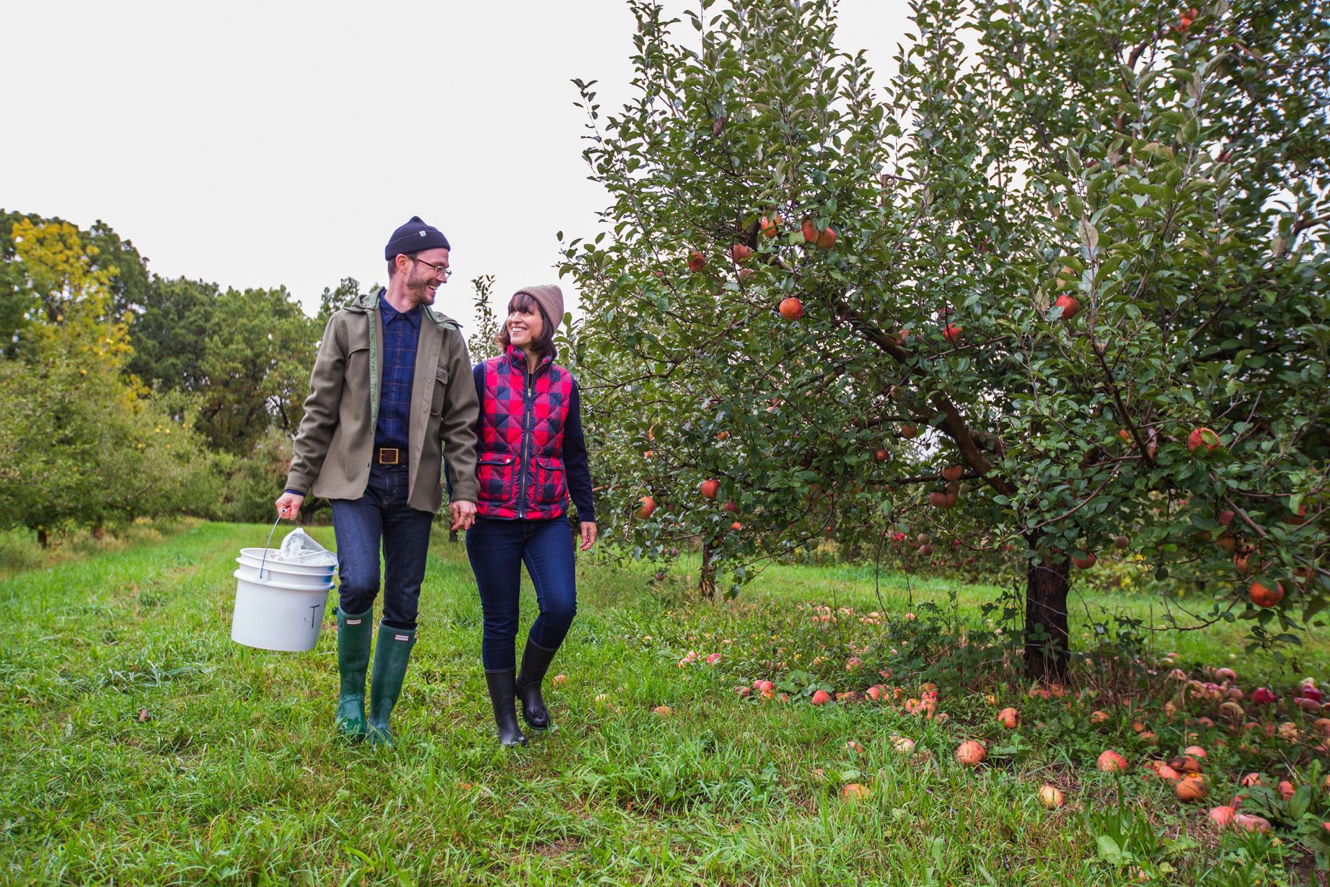 Couple Picking Apples outside fall autumn apple picking