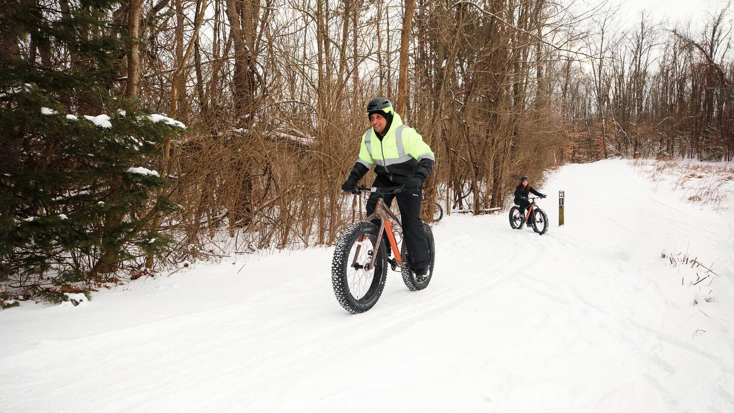 Fat tire biking at Love Creek County Park in the winter.