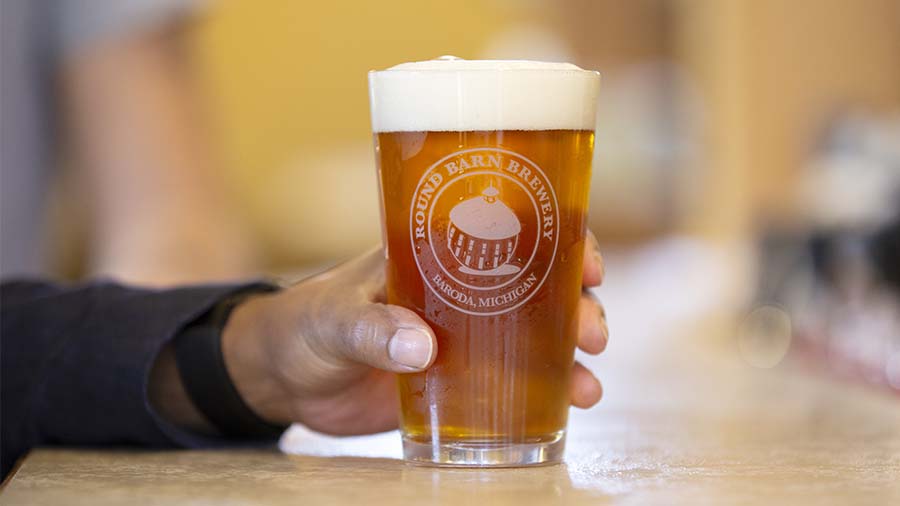 A beer on the bar at Round Barn