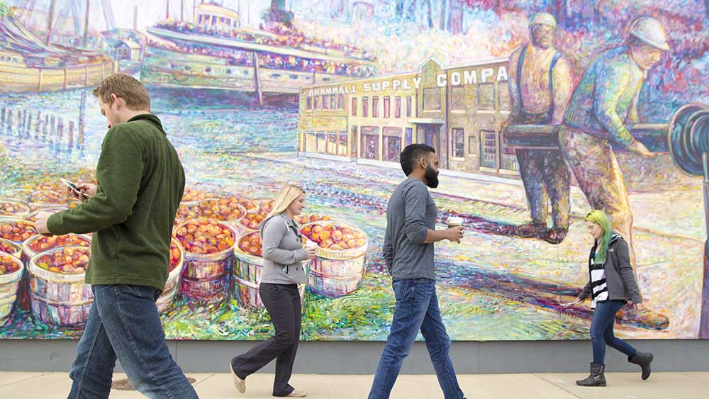 Colorful mural depicting Benton Harbors golden age