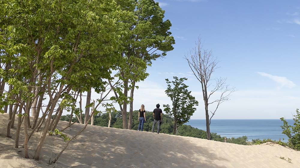 Two people enjoying the view of Lake Michigan from the top of a dune at Warren Dunes State Park.