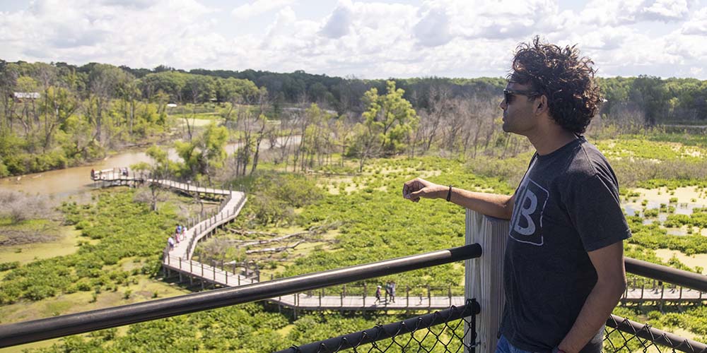 A person standing on the observation deck at Galien River County Park