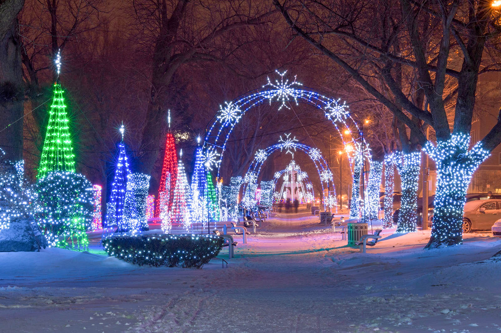 Downtown St. Joseph's bluff lit up in holiday lights