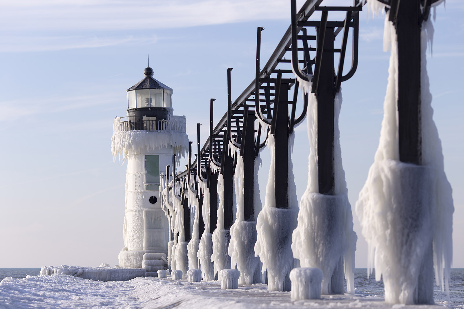 The St. Joseph lighthouse frozen during the day